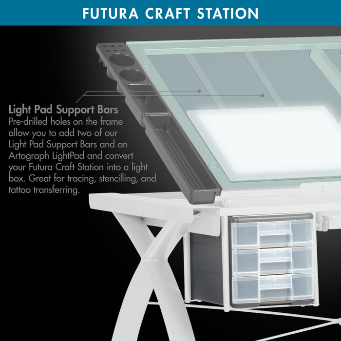 Futura Craft, Drafting, Drawing Table with Adjustable Top and Supply Storage, Matte Ivory / Sea Green Glass  10039