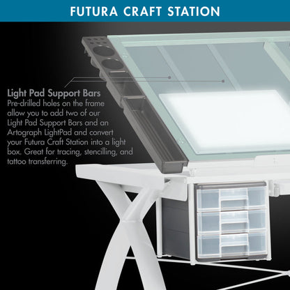 Futura Craft, Drafting, Drawing Table with Adjustable Top and Supply Storage, Matte Ivory / Sea Green Glass  10039