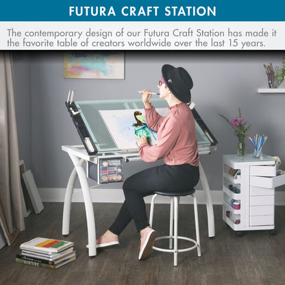 Futura Craft, Drafting, Drawing Table with Adjustable Top and Supply Storage, Matte Ivory / Sea Green Glass  10039