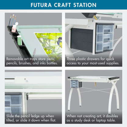 Futura Craft, Drafting, Drawing Table with Adjustable Top and Supply Storage, Matte Ivory / Sea Green Glass  10039