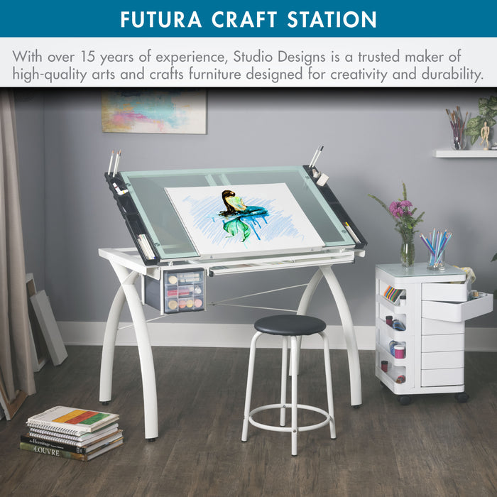 Futura Craft, Drafting, Drawing Table with Adjustable Top and Supply Storage, Matte Ivory / Sea Green Glass  10039