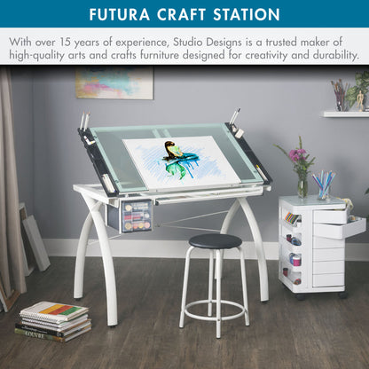 Futura Craft, Drafting, Drawing Table with Adjustable Top and Supply Storage, Matte Ivory / Sea Green Glass  10039