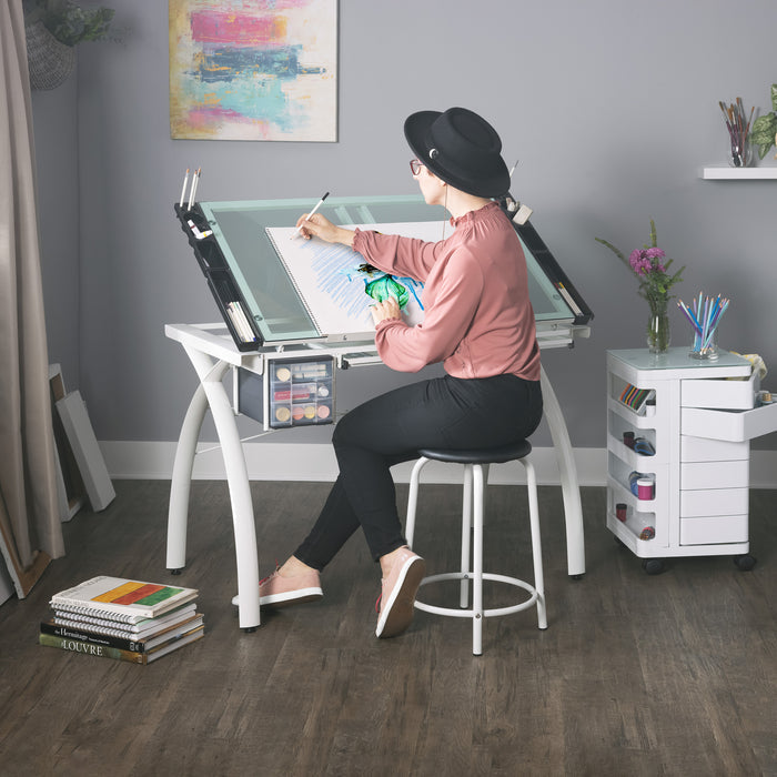 Futura Craft, Drafting, Drawing Table with Adjustable Top and Supply Storage, Matte Ivory / Sea Green Glass  10039