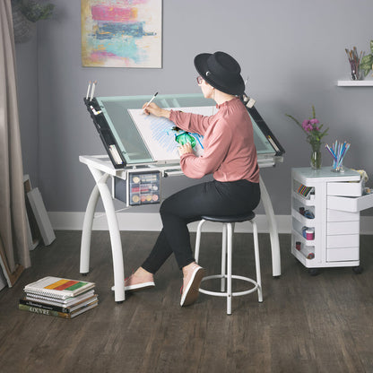 Futura Craft, Drafting, Drawing Table with Adjustable Top and Supply Storage, Matte Ivory / Sea Green Glass  10039