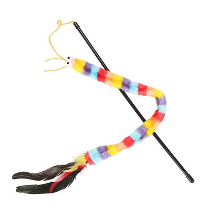 Fuzzy Caterpillar Cat Wand Toy with Feathers - Interactive Teaser Toy - Fun for Cats & Humans - Dog.Dog.Cat.