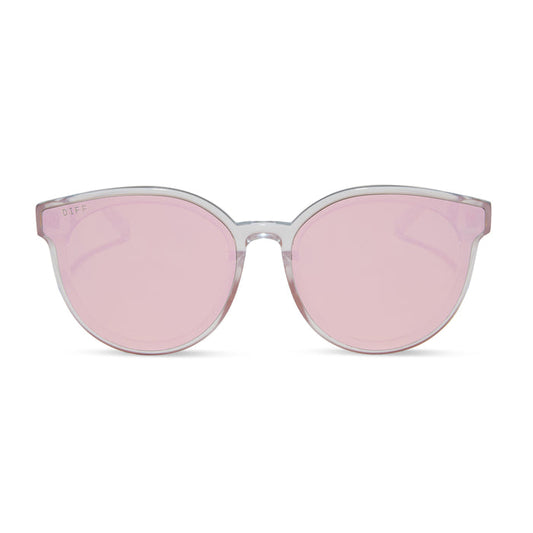diff eyewear gemma oversized round sunglasses with a opalescent pink acetate frame and cherry blossom mirror lenses front view