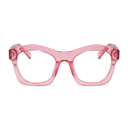 diff eyewear hayden square prescription glasses with a candy pink crystal frame front view