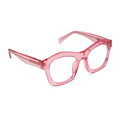 diff eyewear hayden square prescription glasses with a candy pink crystal frame angled view