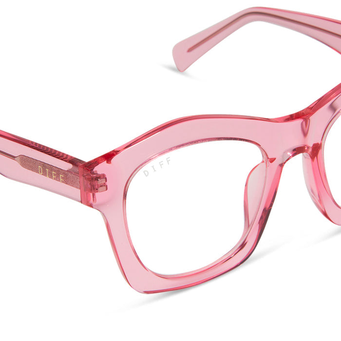 diff eyewear hayden square prescription glasses with a candy pink crystal frame detailed view