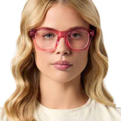 on model - female wearing diff eyewear hayden square prescription glasses with a candy pink crystal frame front view