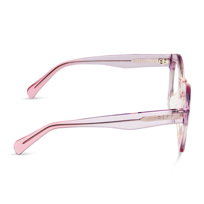diff eyewear hayden square glasses with a rose ombre acetate frame and prescription lenses side view