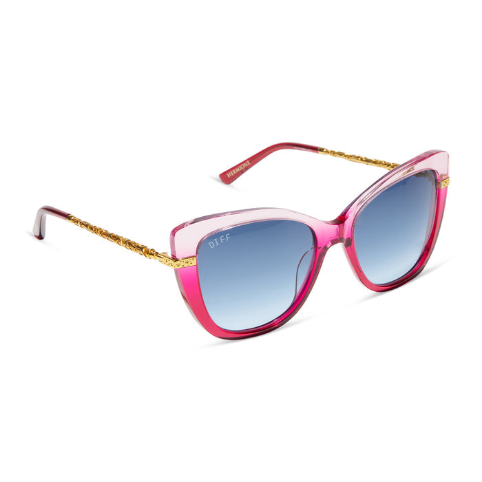 harry potter x diff eyewear featuring the hermione 2.0 cateye sunglasses with a ombré pink frame and blue bell gradient lenses angled view