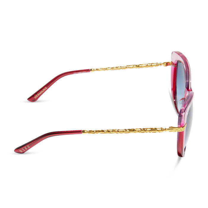 harry potter x diff eyewear featuring the hermione 2.0 cateye sunglasses with a ombré pink frame and blue bell gradient lenses side view