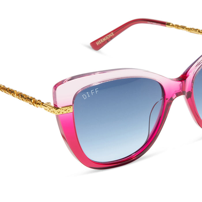 harry potter x diff eyewear featuring the hermione 2.0 cateye sunglasses with a ombré pink frame and blue bell gradient lenses detailed view