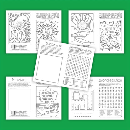 Collection of children's worship and activity pages on a green background