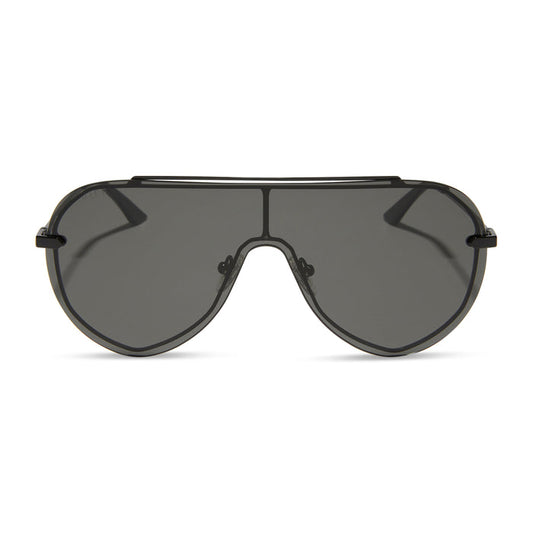 diff eyewear featuring the imani shield sunglasses with a black frame and grey lenses front view