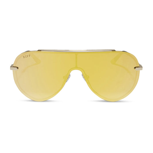 diff eyewear imani oversized shield sunglasses with a gold metal frame and brilliant gold mirror lenses front view