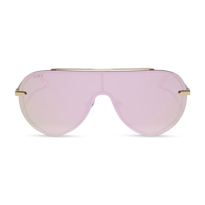 diff eyewear featuring the imani shield sunglasses with a gold frame and cherry blossom mirror lenses front view