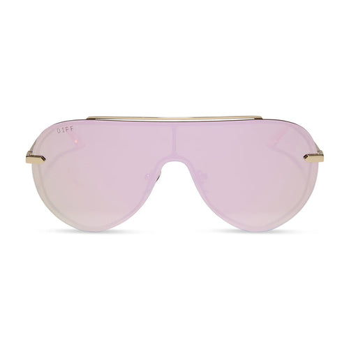 diff eyewear featuring the imani shield sunglasses with a gold frame and cherry blossom mirror lenses front view