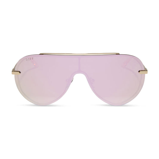 diff eyewear featuring the imani shield sunglasses with a gold frame and cherry blossom mirror lenses front view