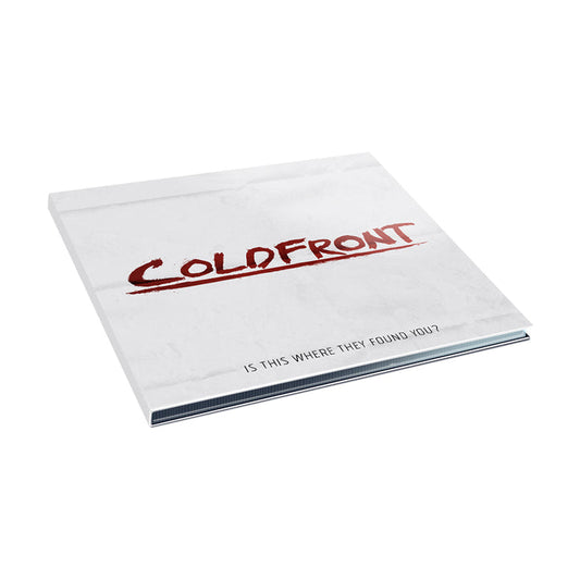 A square white album cover by Coldfront features bold red distressed COLDFRONT text across the center, the CD title Is This Where They Found You in small black letters at the bottom, and includes tracks like Molly Blooms.