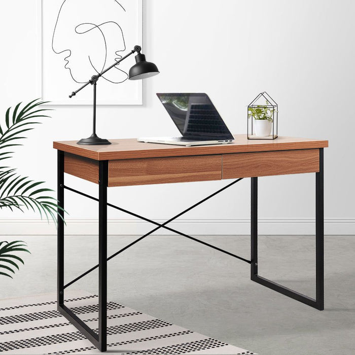 Karl 1000mm Metal Desk with Drawer - Walnut -Home Living Store - -