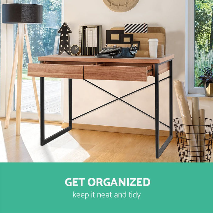 Karl 1000mm Metal Desk with Drawer - Walnut -Home Living Store - -