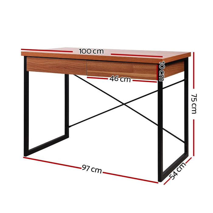 Karl 1000mm Metal Desk with Drawer - Walnut -Home Living Store - -