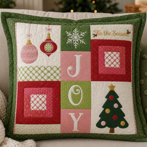 A square quilted throw pillow with a festive Christmas patchwork design, featuring the word 'JOY' in large letters, ornaments, a snowflake, a Christmas tree, and 'Tis the Season' text, resting on a beige sofa.