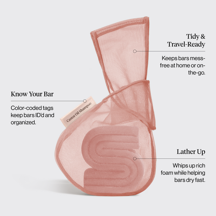 Castor Oil Shampoo Bar Saver Bag features infographic