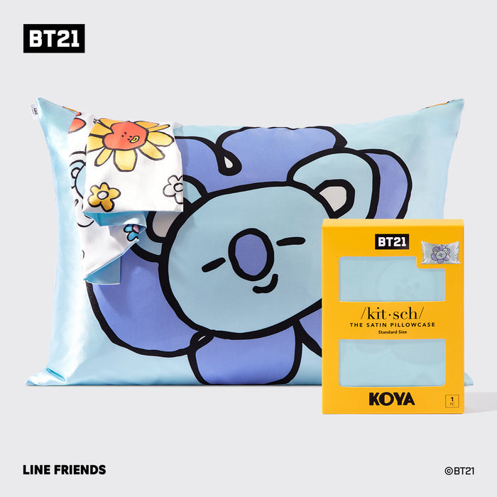 Kitsch x BT21 Satin Pillowcase in KOYA with packaging and blue KOYA character design