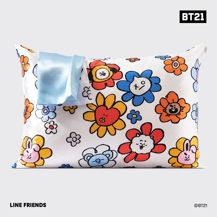 Back view of Kitsch x BT21 Satin Pillowcase in KOYA showing colorful BT21 floral print