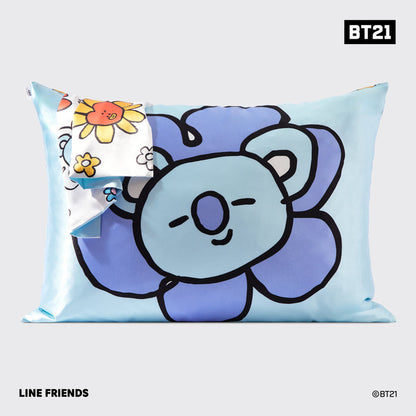 Kitsch x BT21 Satin Pillowcase featuring blue KOYA character and floral design