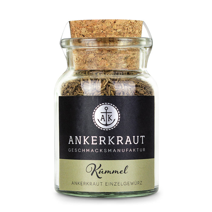 Kümmel Gewürz von Ankerkraut im Korkenglas auf weißem Hintergrund.