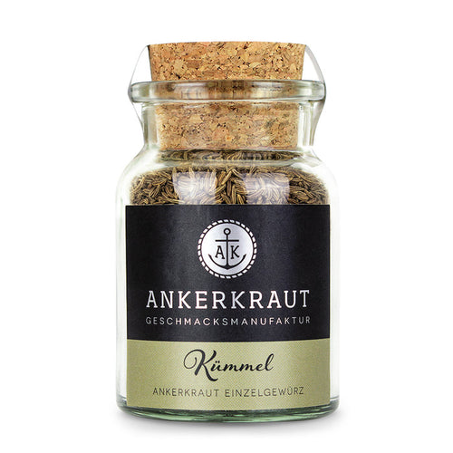 Kümmel Gewürz von Ankerkraut im Korkenglas auf weißem Hintergrund.