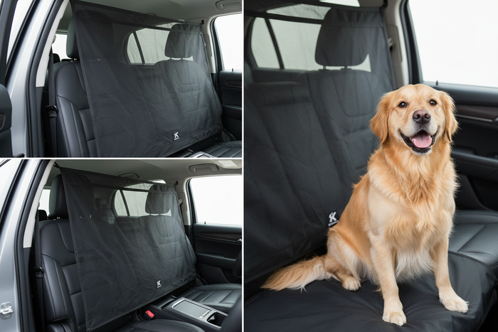 Kurgo black mesh dog backseat barrier installed in car with dog safely in back seat