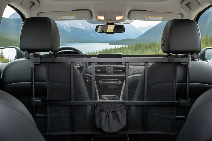 Close-up of Kurgo backseat barrier showing mesh panel, support bars, and cup holder
