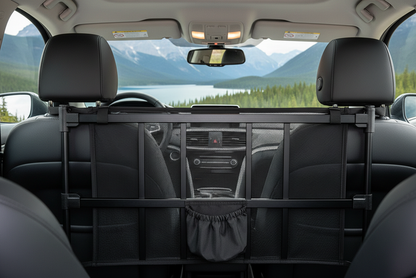 Close-up of Kurgo backseat barrier showing mesh panel, support bars, and cup holder