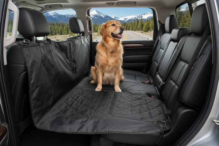 Kurgo Extended Width Rover Hammock installed in large SUV with dog on waterproof seat cover