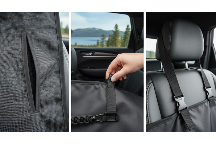 Close-up of Kurgo hammock features showing waterproof fabric, seat belt openings, and attachment system