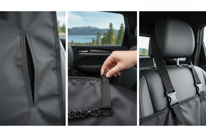 Close-up of Kurgo hammock features showing waterproof fabric, seat belt openings, and attachment system