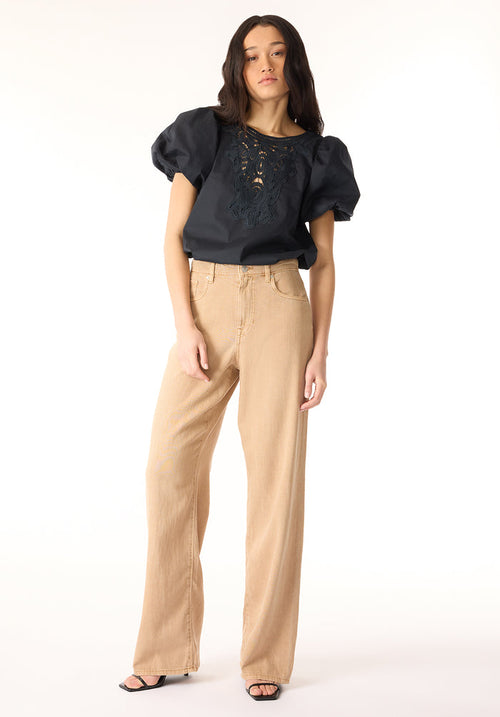 Buffalo Women Shirts Black Woven Woven Short Sleeve Round Neckline Puff Sleeve