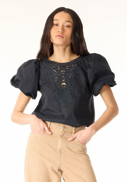 Buffalo Women Shirts Black Woven Woven Short Sleeve Round Neckline Puff Sleeve
