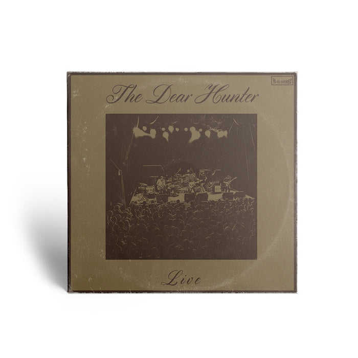 Cover of CD has black and white picture of band performing at live show. "THE DEAR HUNTER" is printed in cursive above picture, and "LIVE" is printed below picture in cursive.