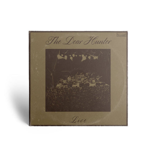 Cover of CD has black and white picture of band performing at live show. "THE DEAR HUNTER" is printed in cursive above picture, and "LIVE" is printed below picture in cursive.
