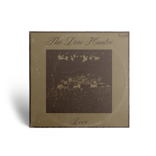 Cover of CD has black and white picture of band performing at live show. "THE DEAR HUNTER" is printed in cursive above picture, and "LIVE" is printed below picture in cursive.