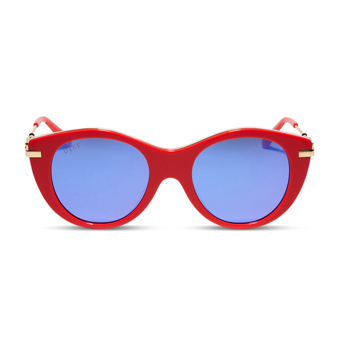 harry potter x diff eyewear luna lovegood round sunglasses with a luna pink frame and purple mirror lenses front view