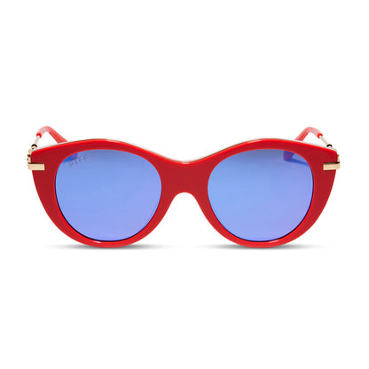 harry potter x diff eyewear luna lovegood round sunglasses with a luna pink frame and purple mirror lenses front view