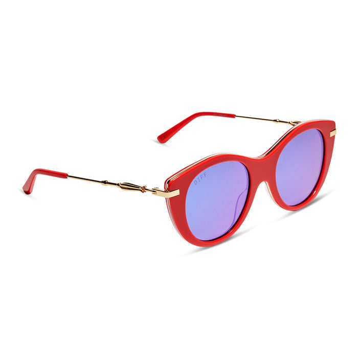 harry potter x diff eyewear luna lovegood round sunglasses with a luna pink frame and purple mirror lenses angled view