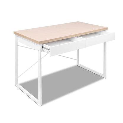 Metal Desk with Drawer - White with Wooden Top -Home Living Store - -
